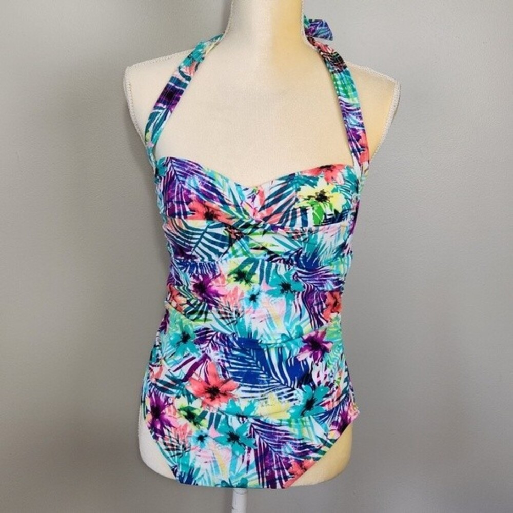 Catalina Tropical Halter Ruching One Piece Turquoise Pink Size Med 8/10 NWOT